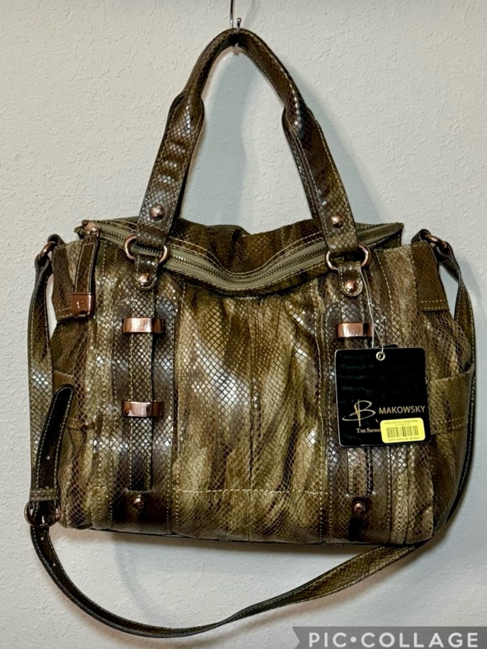 NWT-b. makowsky Olive Snake-Embossed Shoulder Bag with Rose Gold Accents